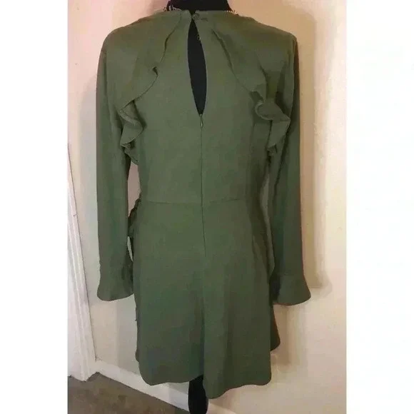 Green Ruffle Long Sleeve Wrap Tie Dress - Picture 4 of 10